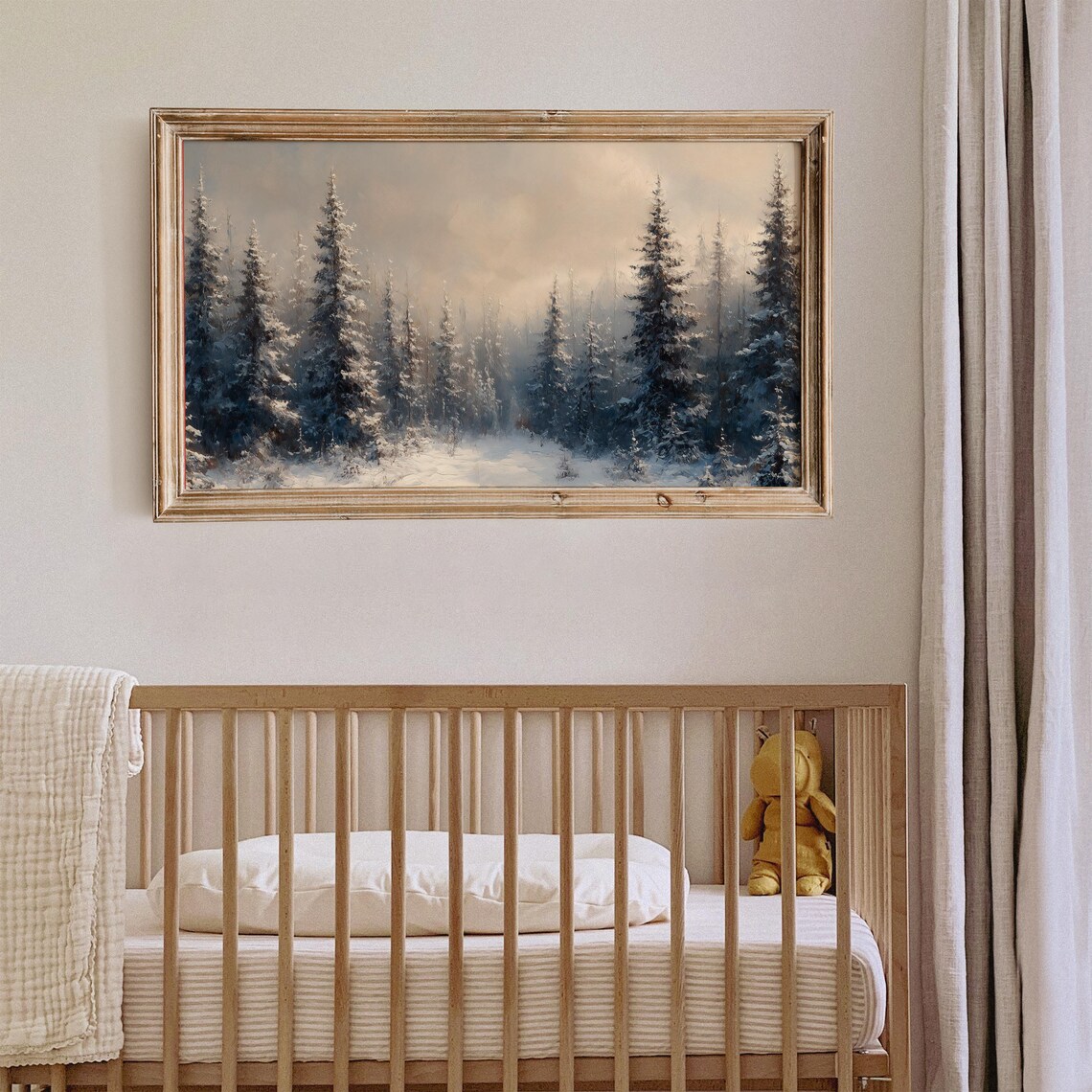 Blue Snowy Pine Forest Dawn Winter Wonderland Vintage Painting Poster - Image 2