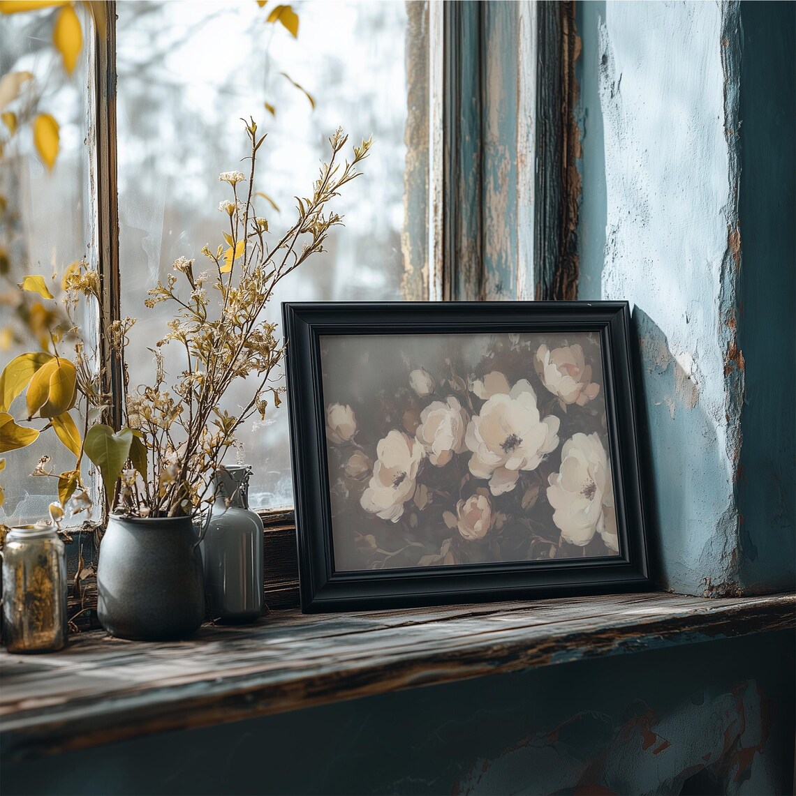 Cream Anemone Flowers Dark Moody Background Vintage Floral Oil Print - Image 3