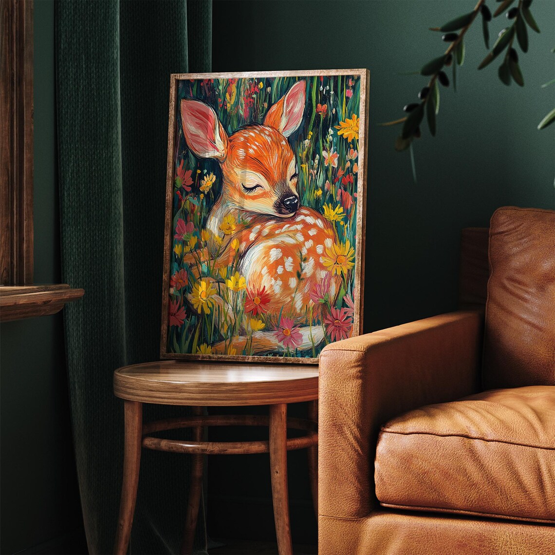 Sleeping Fawn Curled in Wildflower Meadow Vibrant Nursery Wall Art - Image 3