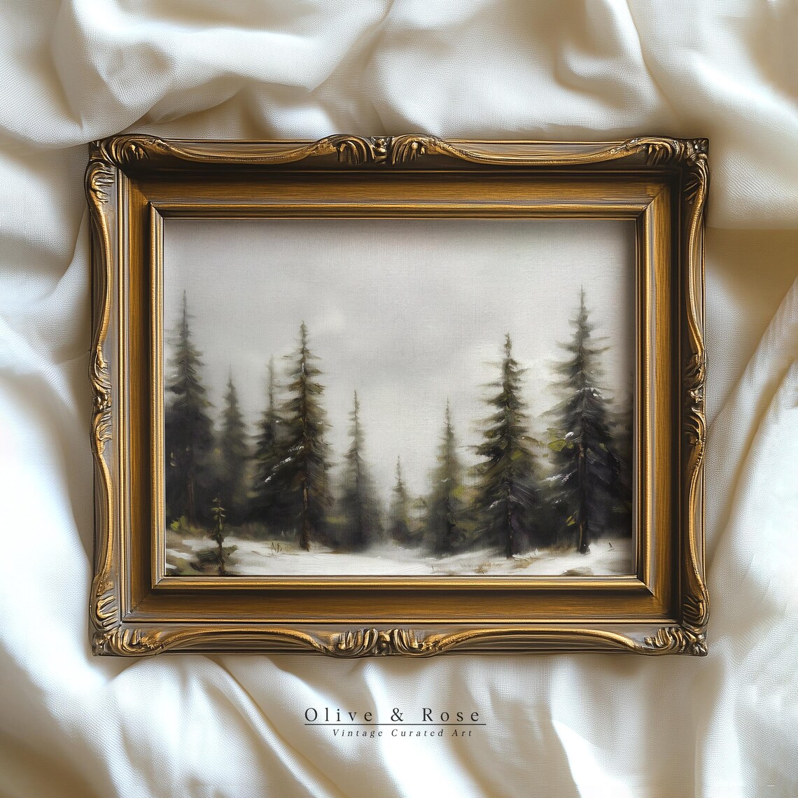 Misty Snowy Pine Forest Vintage Winter Landscape Oil Painting Poster