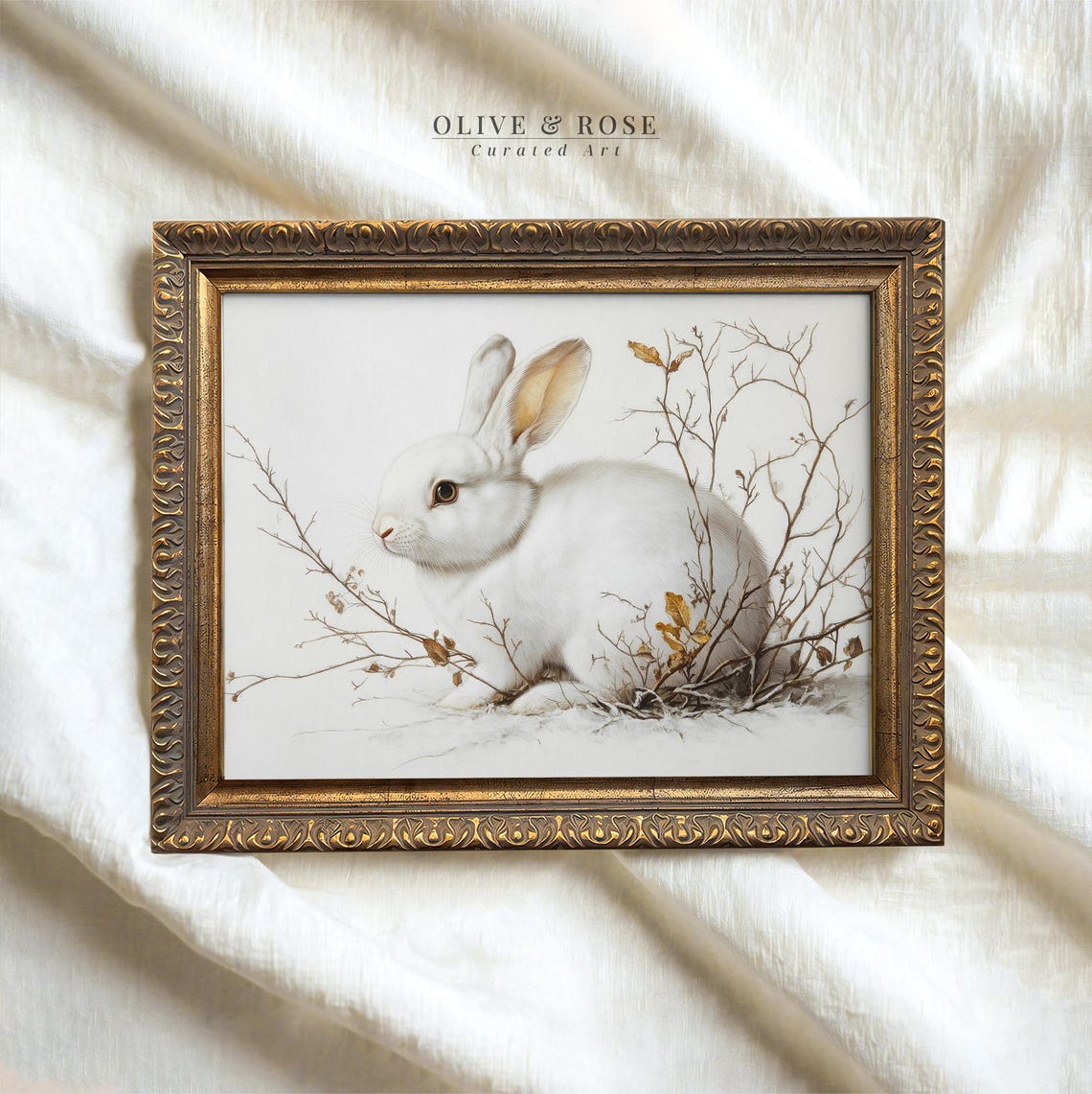 White Bunny Among Bare Winter Branches Minimal Neutral Wall Art