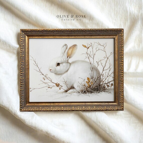 White Bunny Among Bare Winter Branches Minimal Neutral Wall Art