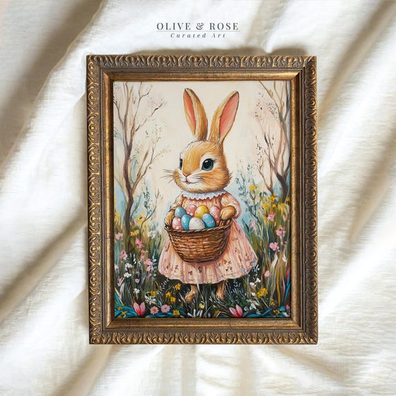 Cute Easter Bunny Print Rabbit In Victorian Dress Basket Of Eggs Painting Wall Art Spring Forest Decor Prints
