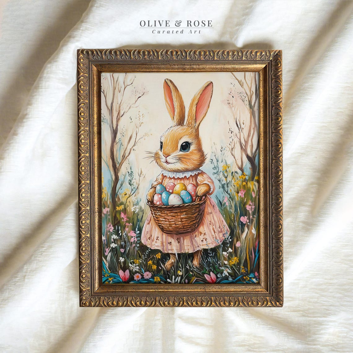Cute Easter Bunny Print Rabbit In Victorian Dress Basket Of Eggs Painting Wall Art Spring Forest Decor Prints