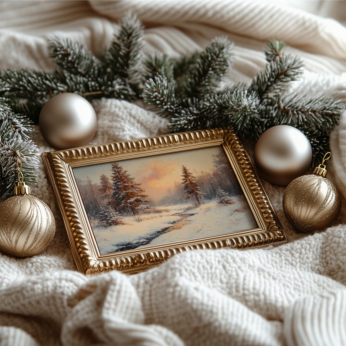 Vintage Winter Pine Forest Sunset Stream Snowy Landscape Oil Poster - Image 4