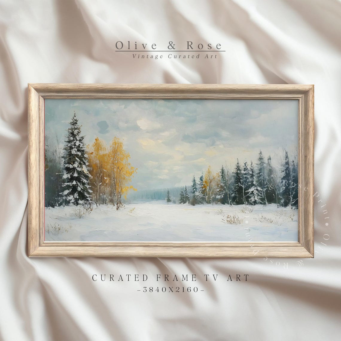 Snowy Pine Meadow Golden Birch Trees Winter Frame TV Art Poster