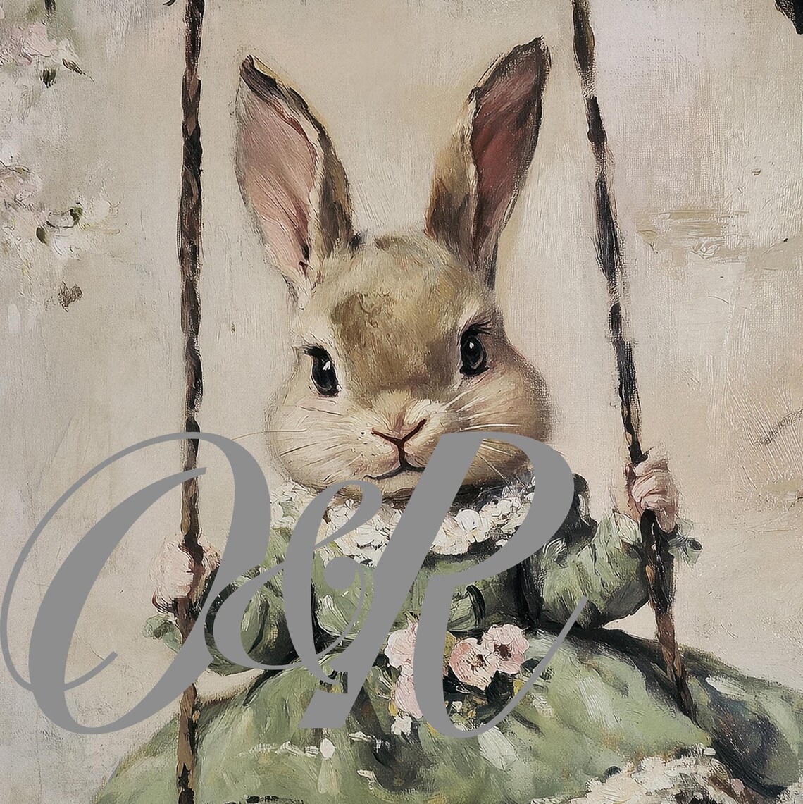 Bunny in Sage Green Dress on Tree Swing Vintage Easter Nursery Wall Art - Image 5