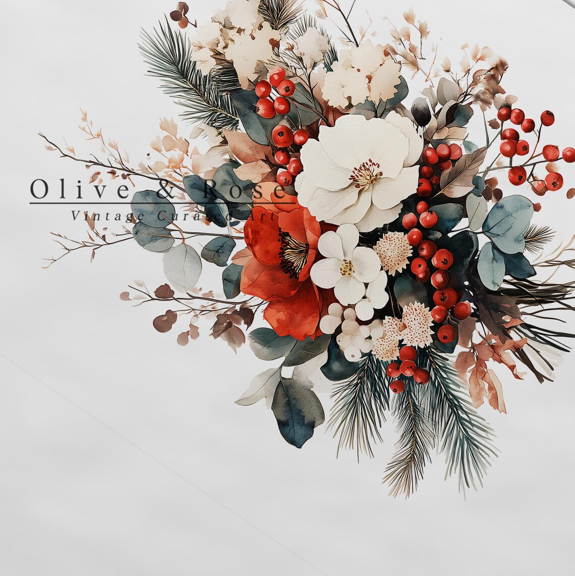 Vintage Winter Floral Bouquet Red Berries Eucalyptus Holiday Wall Art - Image 5