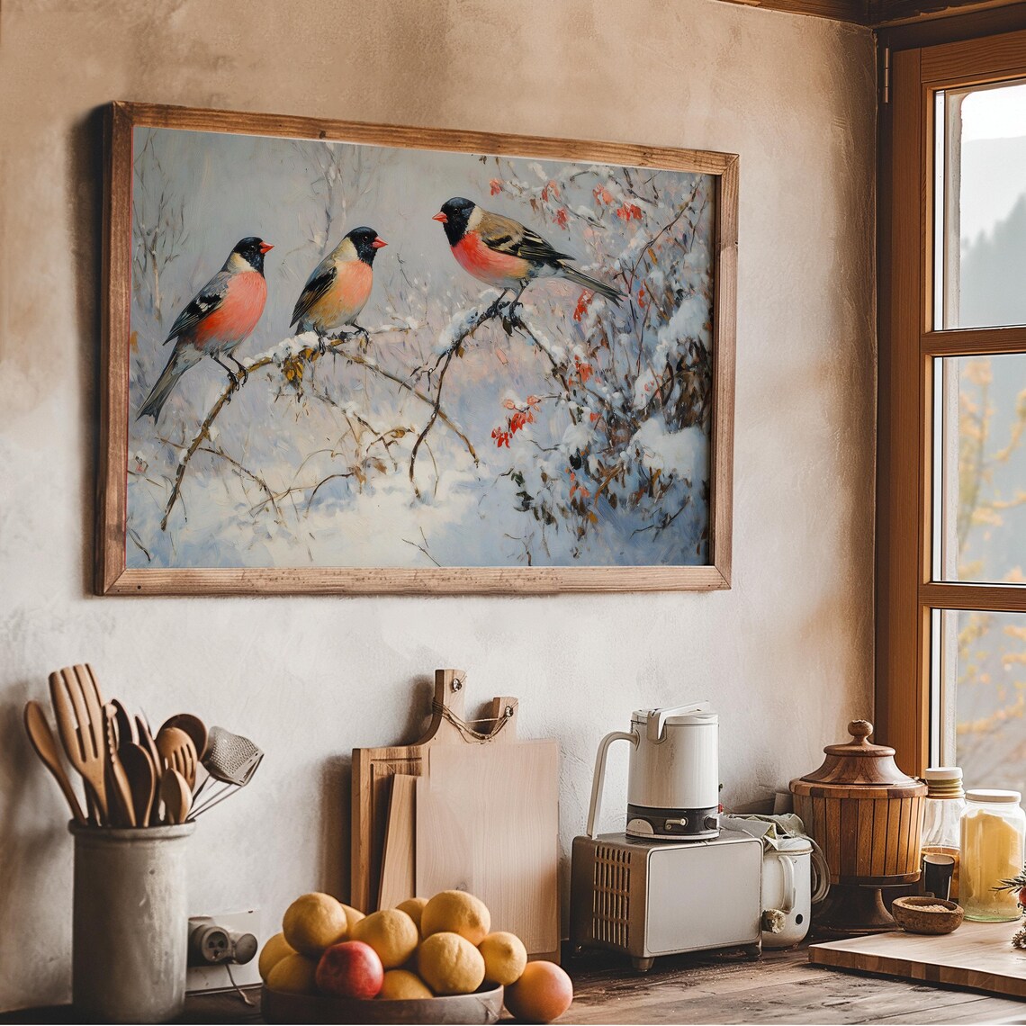 Vintage Bullfinches Snowy Branches Red Berries Winter Bird Art Poster - Image 3