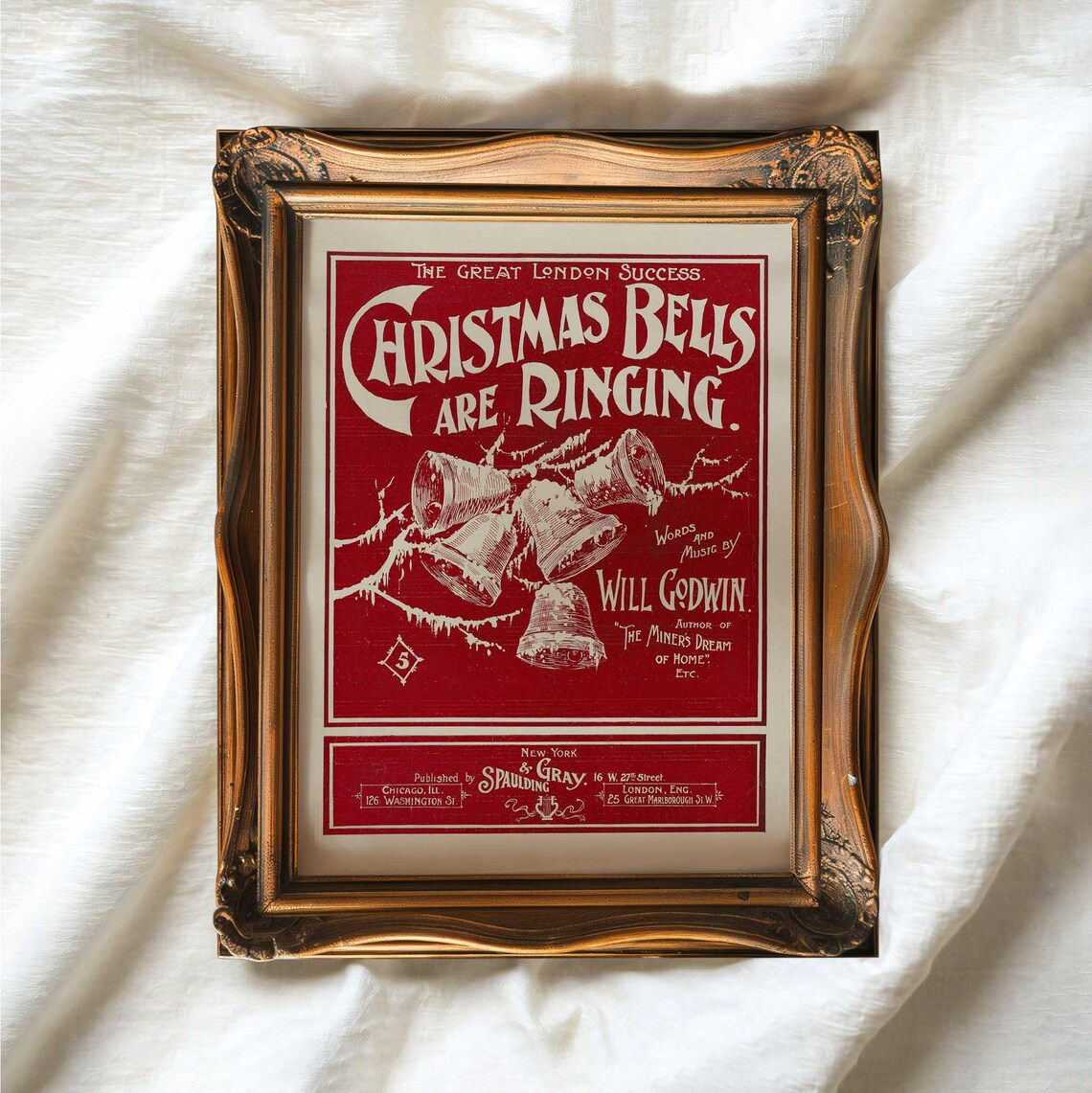 Christmas Bells Are Ringing Antique Sheet Music Cover Red Art Poster - Image 2