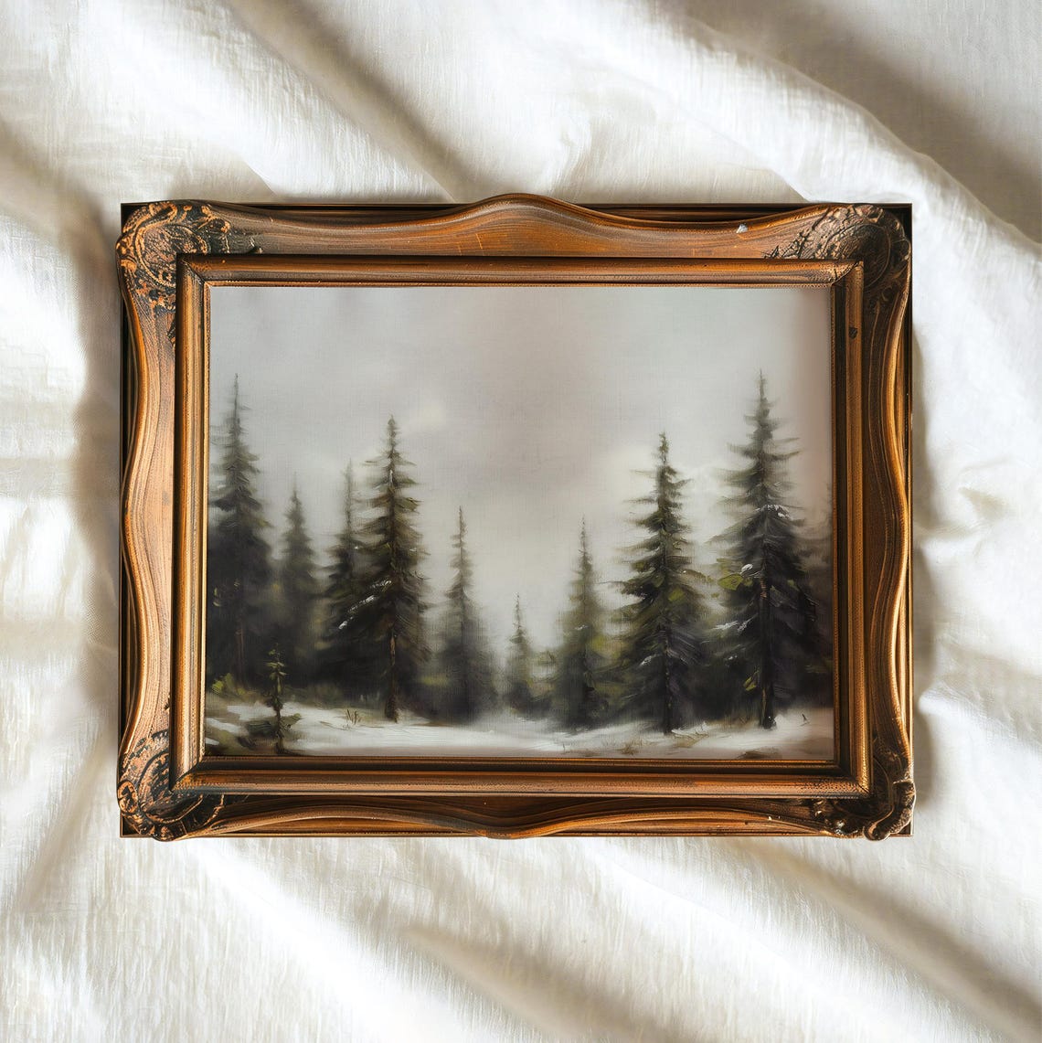 Misty Snowy Pine Forest Vintage Winter Landscape Oil Painting Poster - Image 2