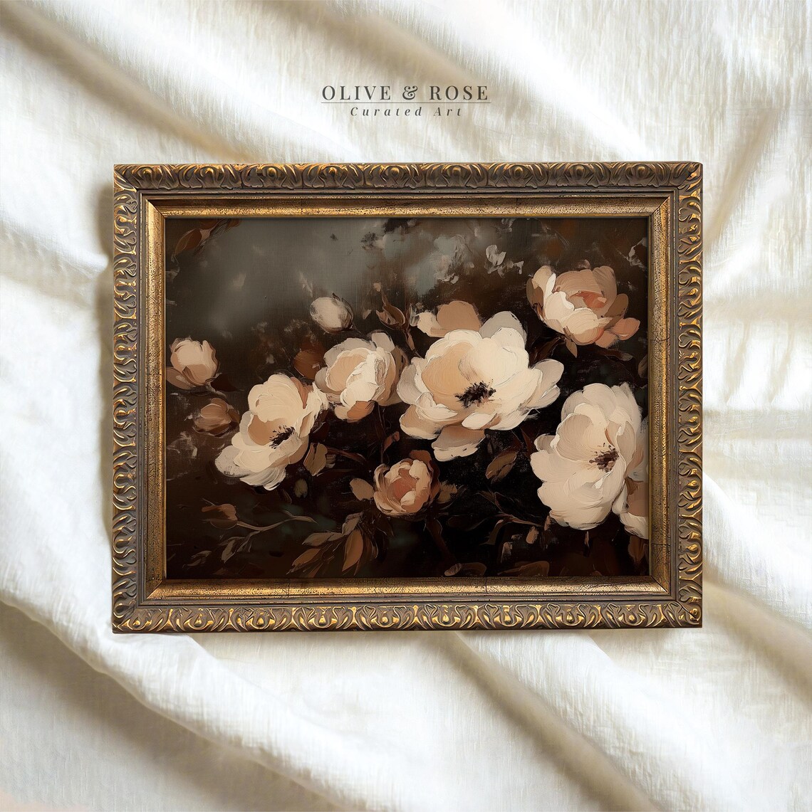 Cream Anemone Flowers Dark Moody Background Vintage Floral Oil Print
