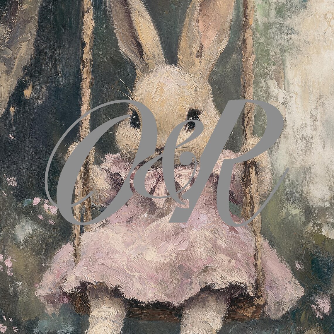 Bunny in Pink Dress on Tree Swing Vintage Garden Nursery Wall Art - Image 5