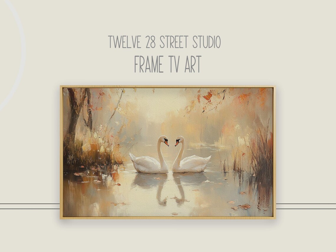 Two White Swans Golden Misty Lake Autumn Romance Painting Poster