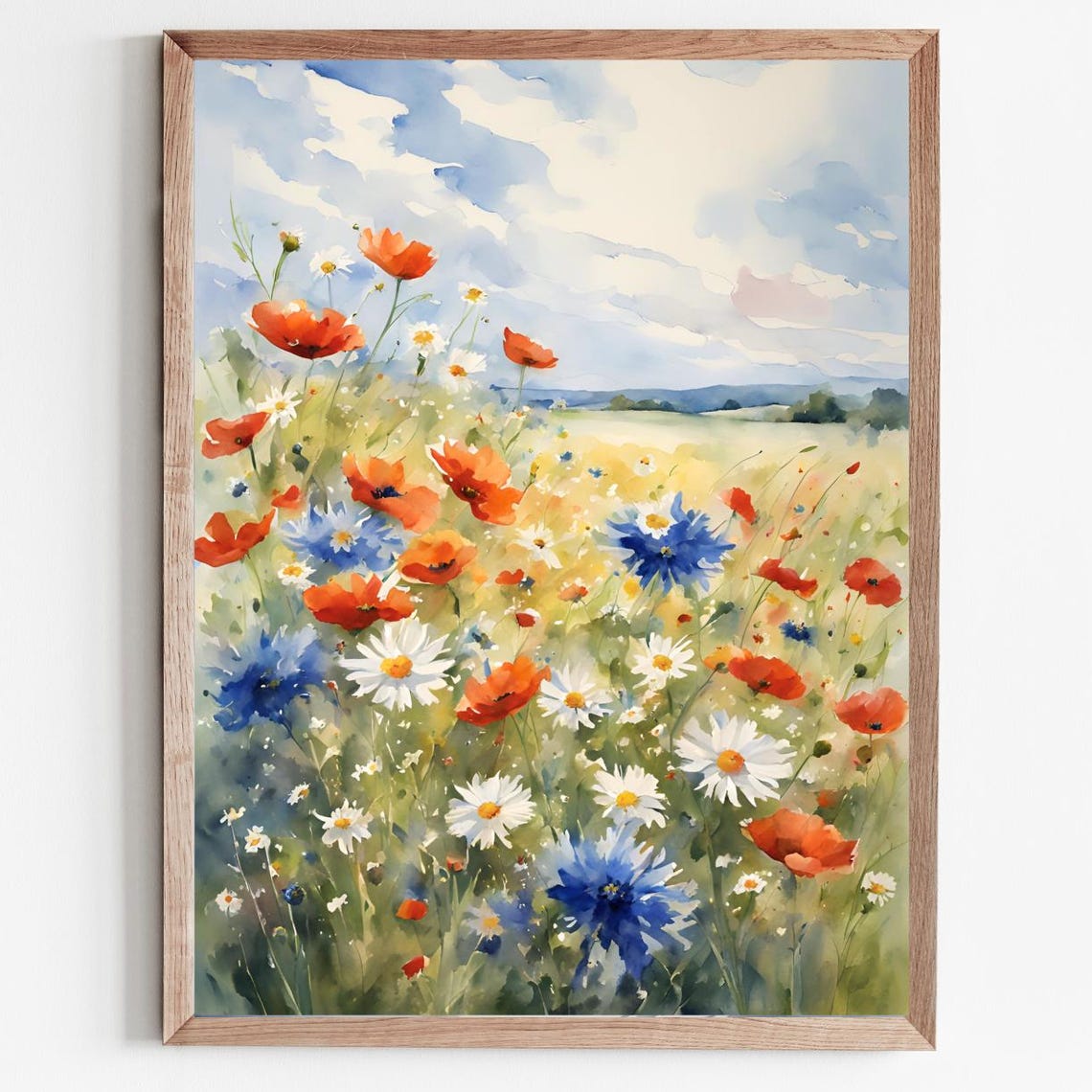 Watercolor Wildflowers Poster Poppies Daisies Cornflowers Field