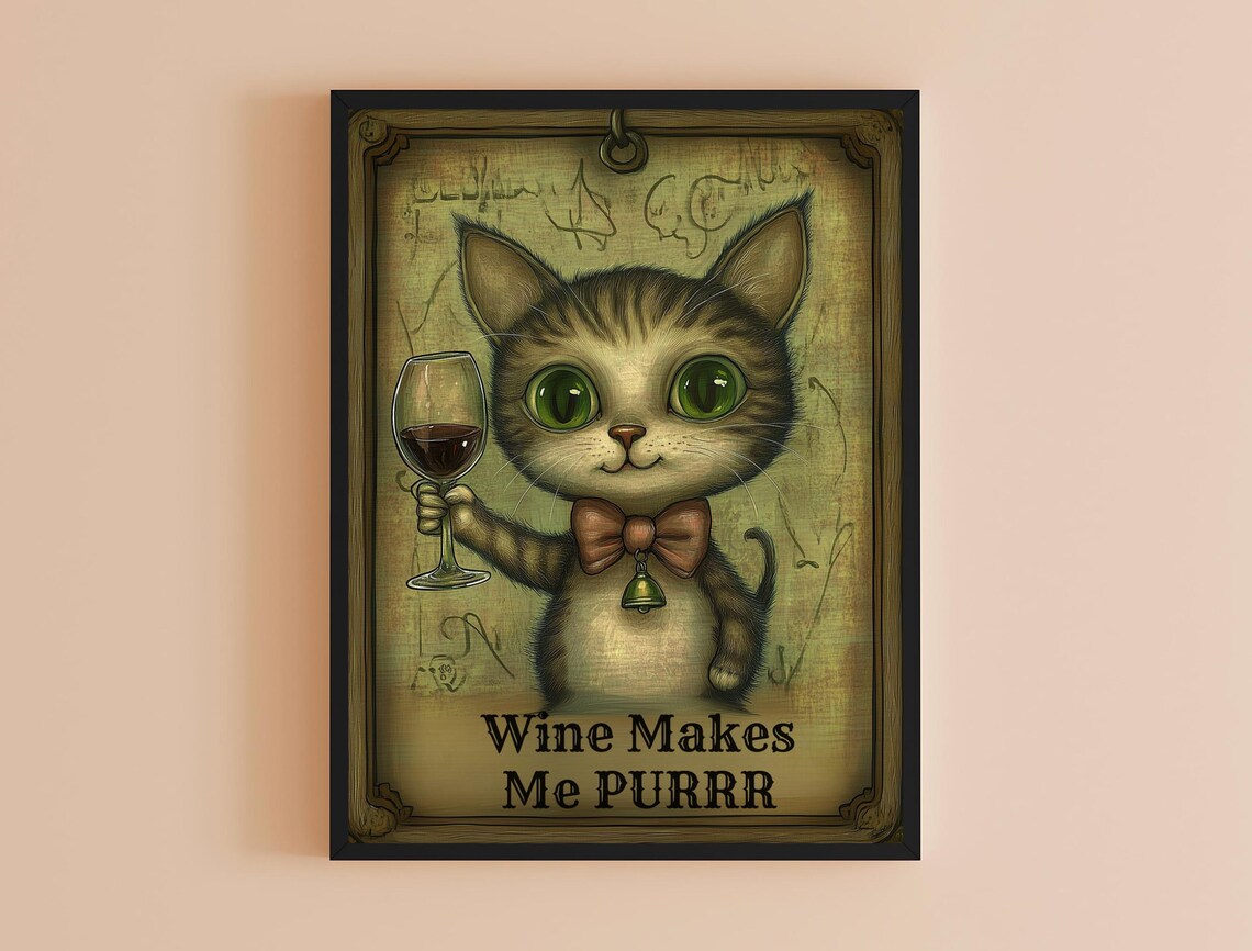 Wine Makes Me Purrr Tabby Kitten Wine Glass Funny Vintage Cat Art Poster