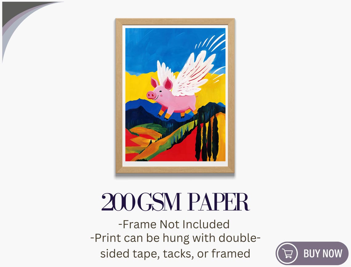 Winged Pink Pig Soaring Bold Patchwork Hills Whimsical Art Print - Image 5