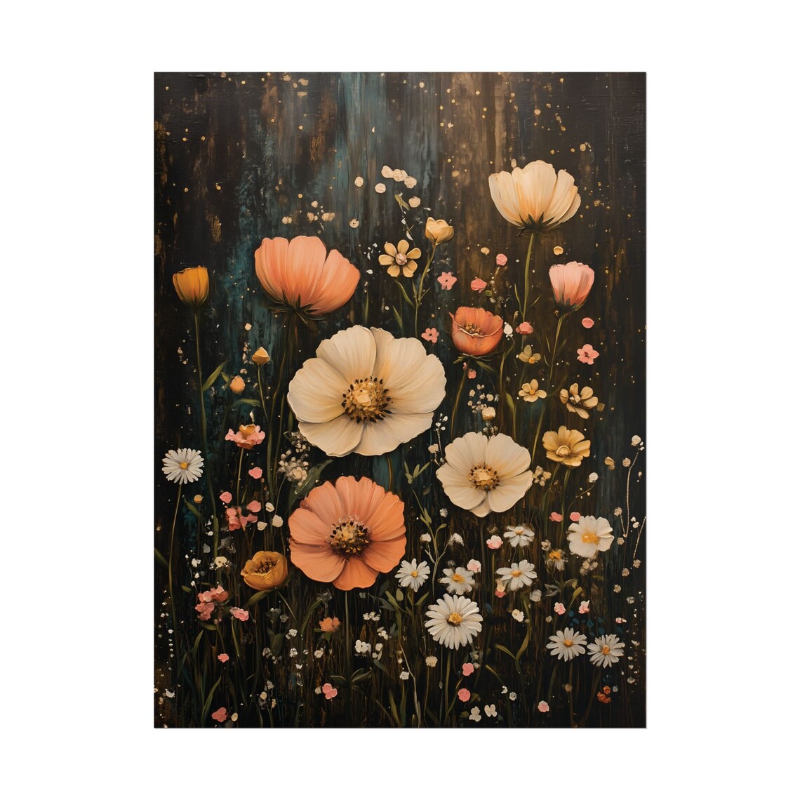 Wildflower Meadow Cream Cosmos Moody Dark Vintage Botanical Art Poster - Image 2