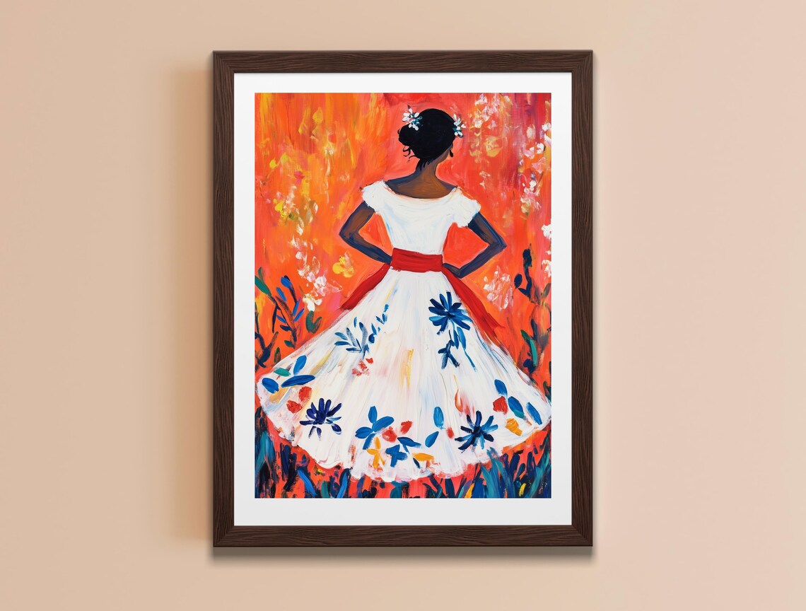 Mexican Folkloric Dancer White Floral Dress Vibrant Red Festive Wall Art