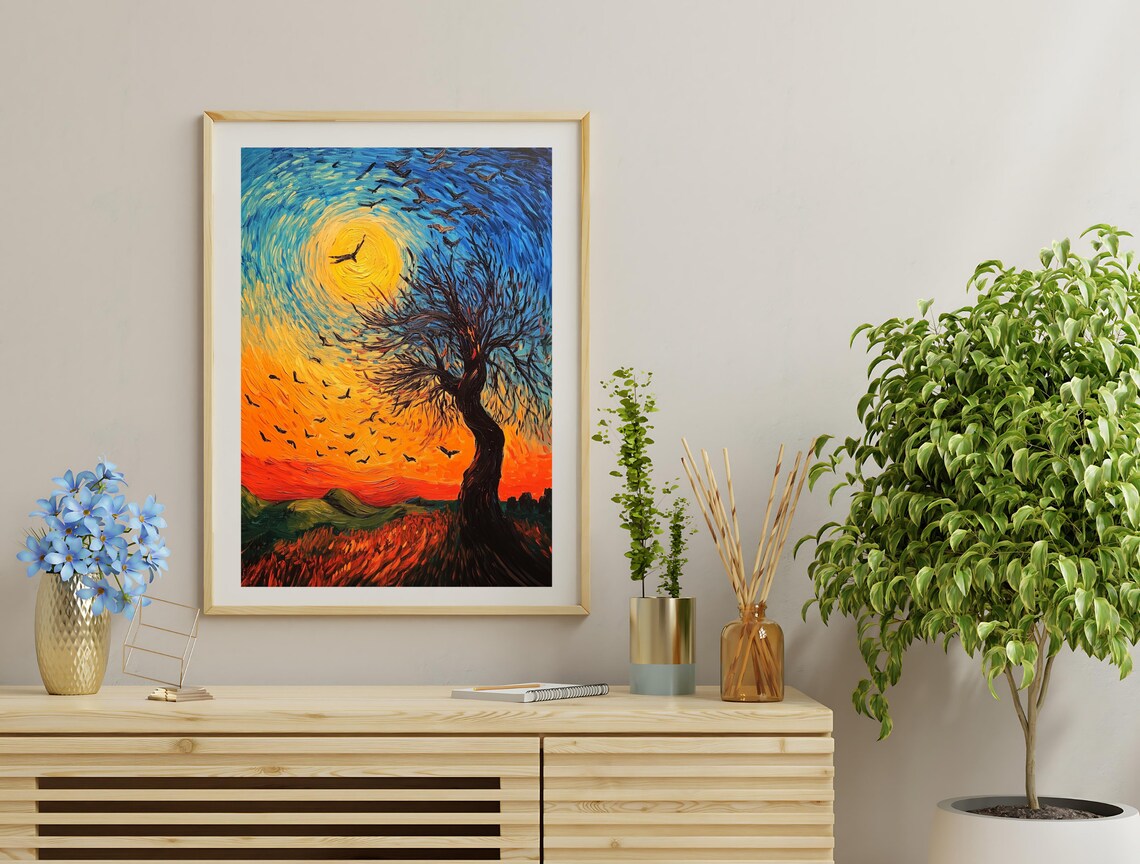 Van Gogh Style Sunset Tree Swirling Sky Flock of Birds Starry Art Poster - Image 3