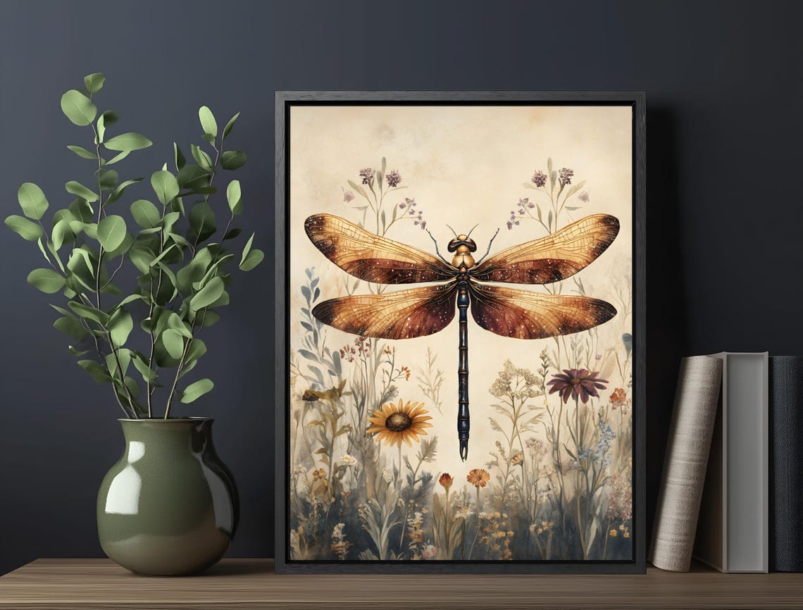 Amber Dragonfly Sunflower Meadow Vintage Nature Wall Art Print - Image 6