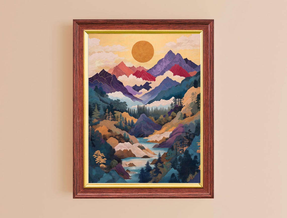 Colorful Layered Mountains Golden Sun River Valley Wall Art Poster
