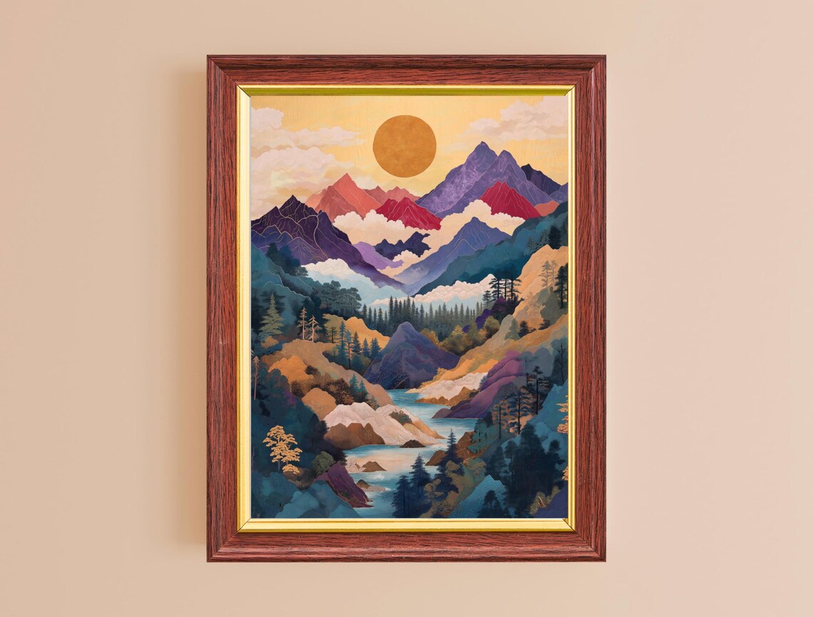 Layered Mountain Peaks Golden Sun Misty River Japan Travel Poster - Image 4