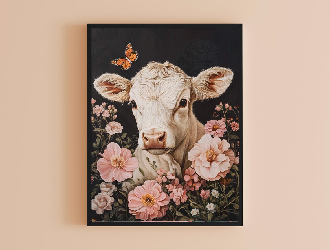 Cute White Calf Butterfly Pink Flowers Dark Background Nursery Print - Image 4