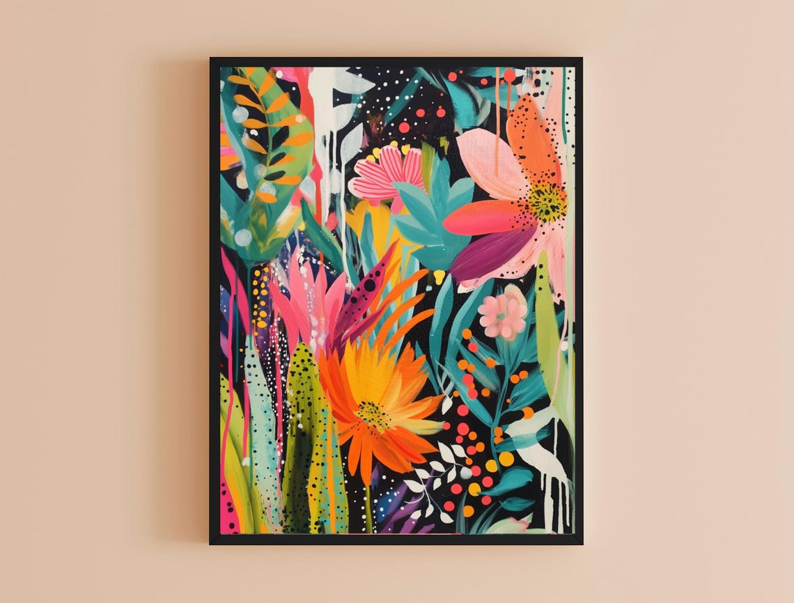 Abstract Floral Explosion Black Background Maximalist Color Poster - Image 4