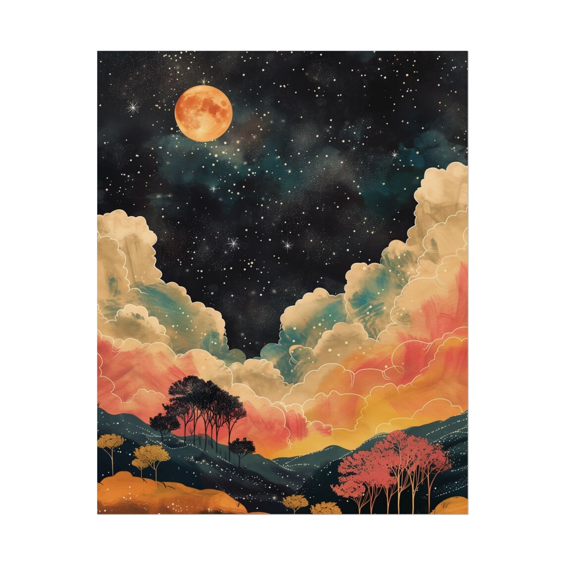 Full Moon Starry Night Sky Colorful Clouds Over Hills Dreamy Night Art Print - Image 2
