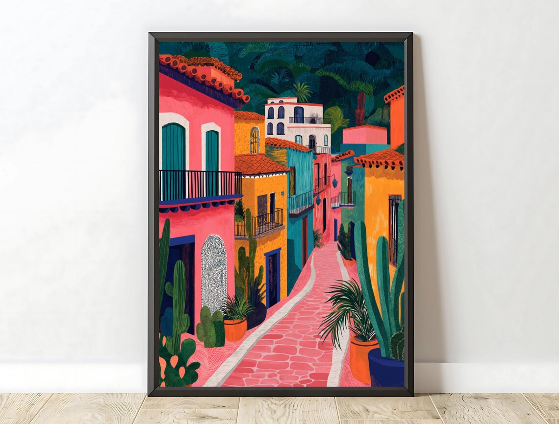 Vibrant Mexican Town Street Candy Colored Houses Cactus Travel Poster - Image 6