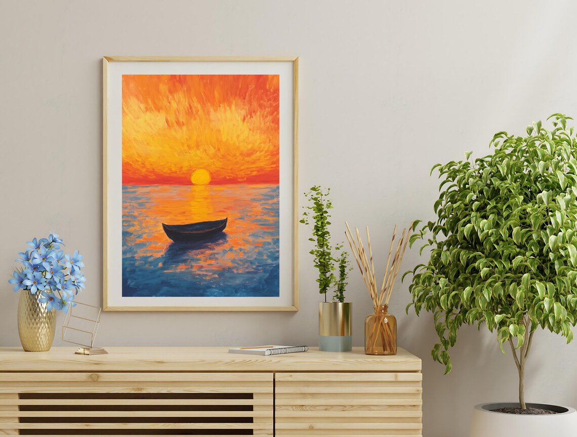 Impressionist Sunset Ocean Lone Boat Fiery Orange Sky Coastal Seascape Wall Art - Image 3