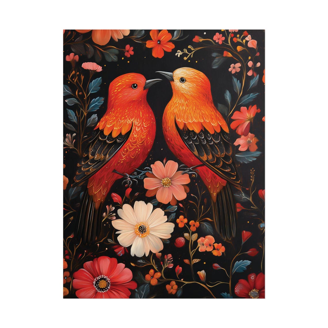 Orange Lovebirds Folk Floral Black Background Whimsical Art Poster - Image 2