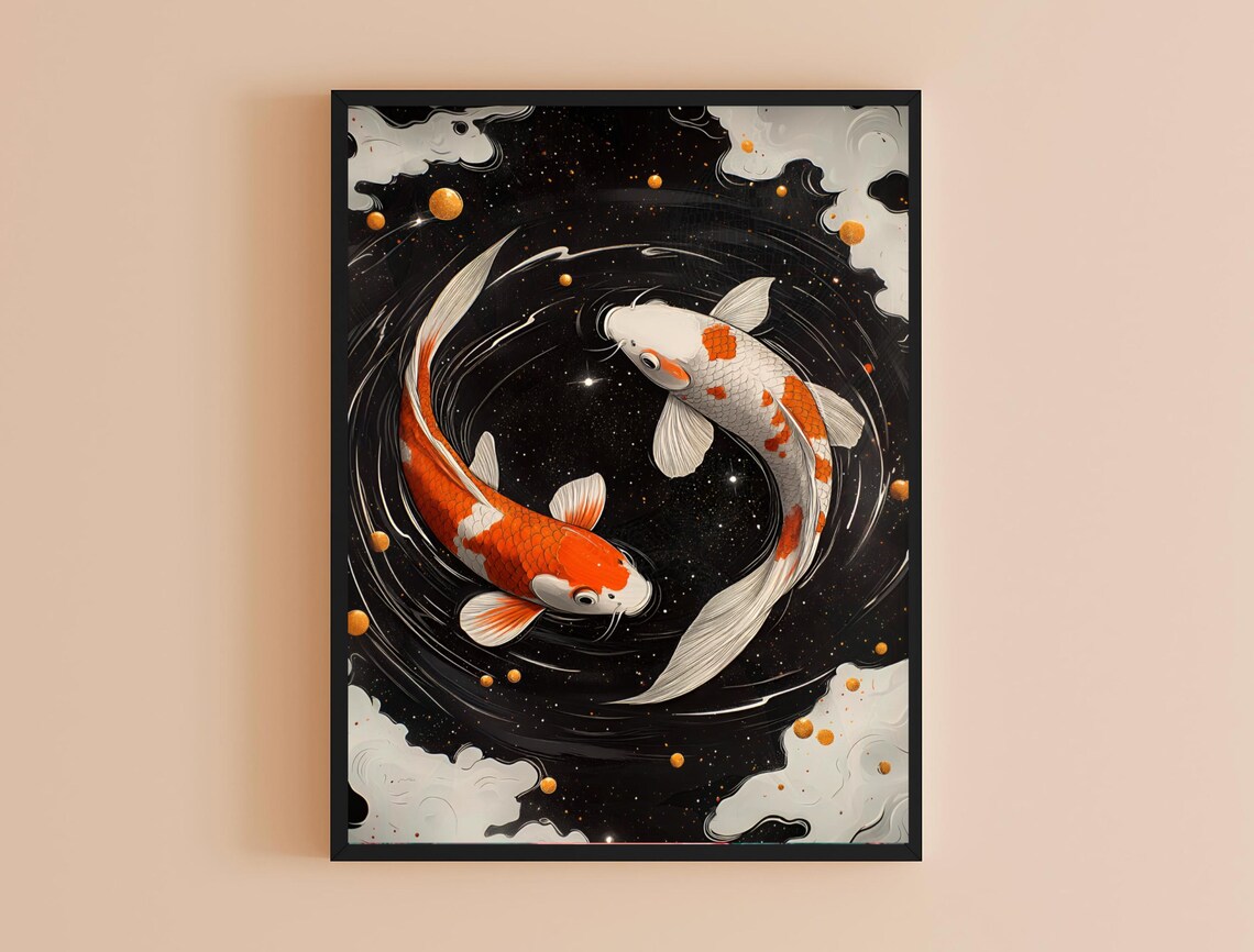 Two Koi Fish Yin Yang Swirl Dark Water Orange White Art Print