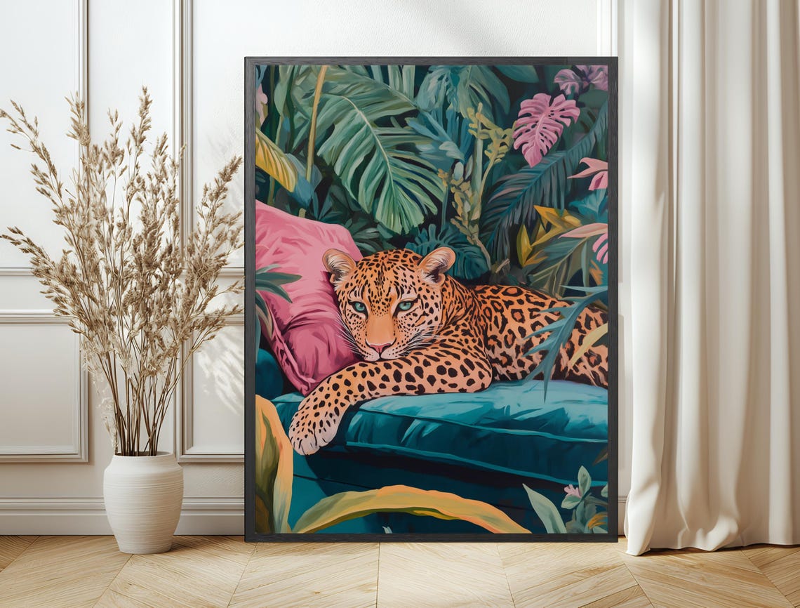 Leopard Teal Sofa Pink Cushion Jungle Leaves Maximalist Cat Art Poster