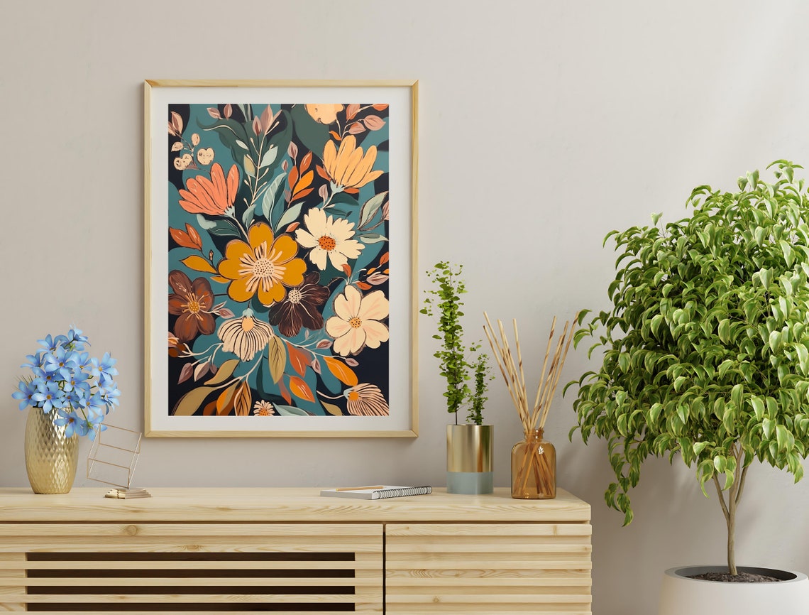 Retro Orange Gold Botanical Flowers Teal Midcentury Floral Art Poster - Image 3