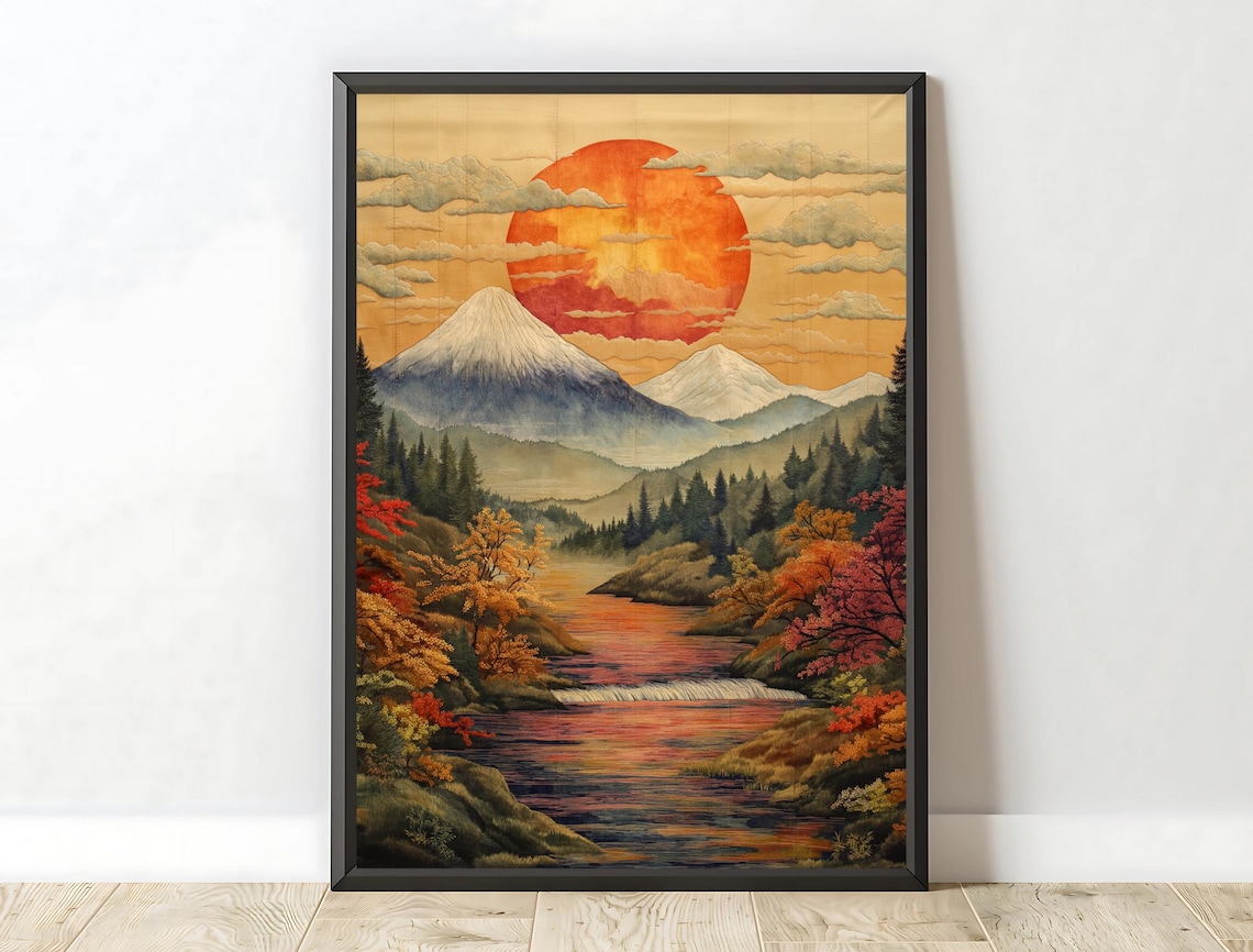 Mount Fuji Red Sun Autumn Leaves River Vintage Japanese Landscape Poster - Image 6