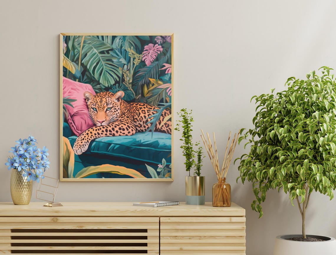 Leopard Teal Sofa Pink Cushion Jungle Leaves Maximalist Cat Art Poster - Image 3
