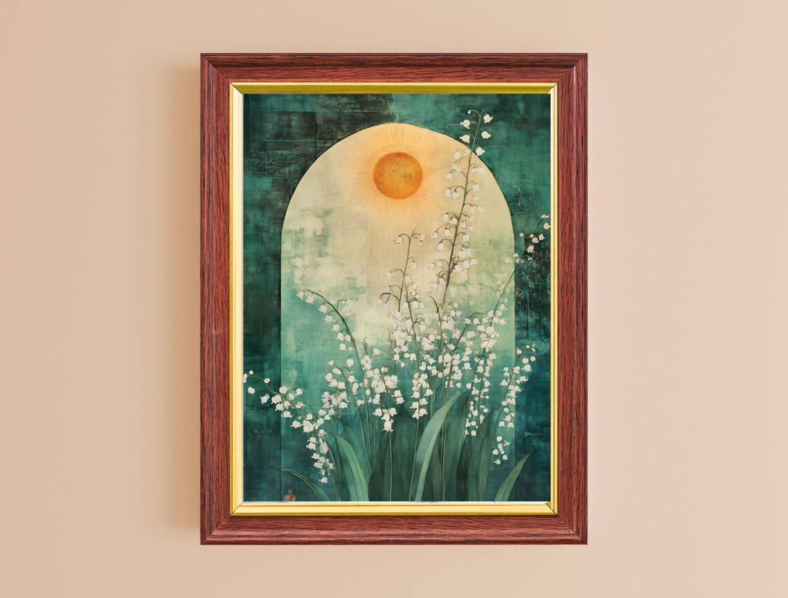 Sunrise Arch White Blossoms Teal Vintage Botanical Glow Poster - Image 2
