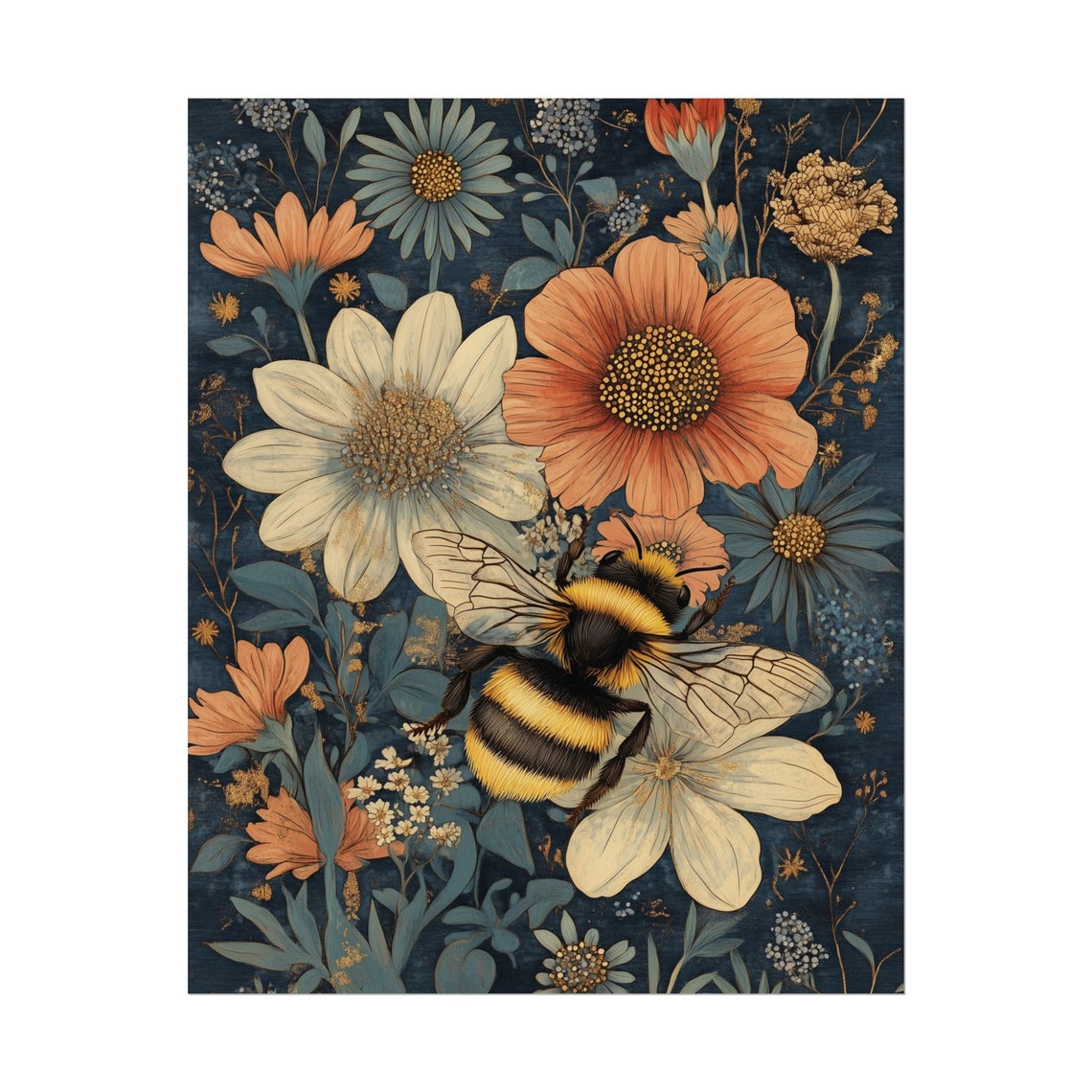 Bumble Bee Vintage Botanical Wall Art Dark Floral Daisy Print Poster - Image 2