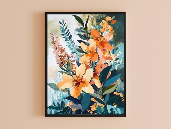 Watercolor Orange Lilies Teal Foliage Modern Botanical Flower Art Print