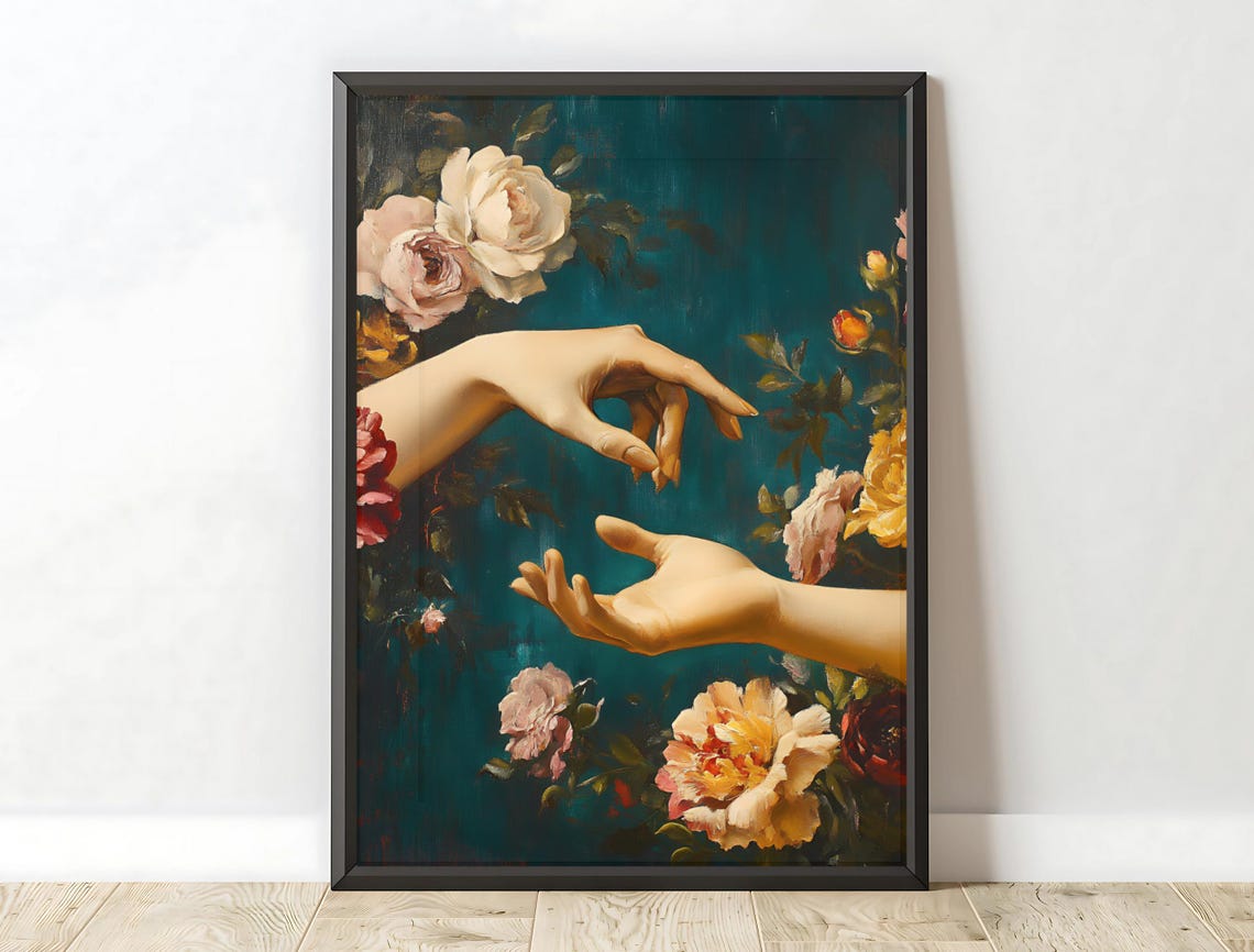 Two Hands Reaching Roses Teal Background Romantic Vintage Art Print