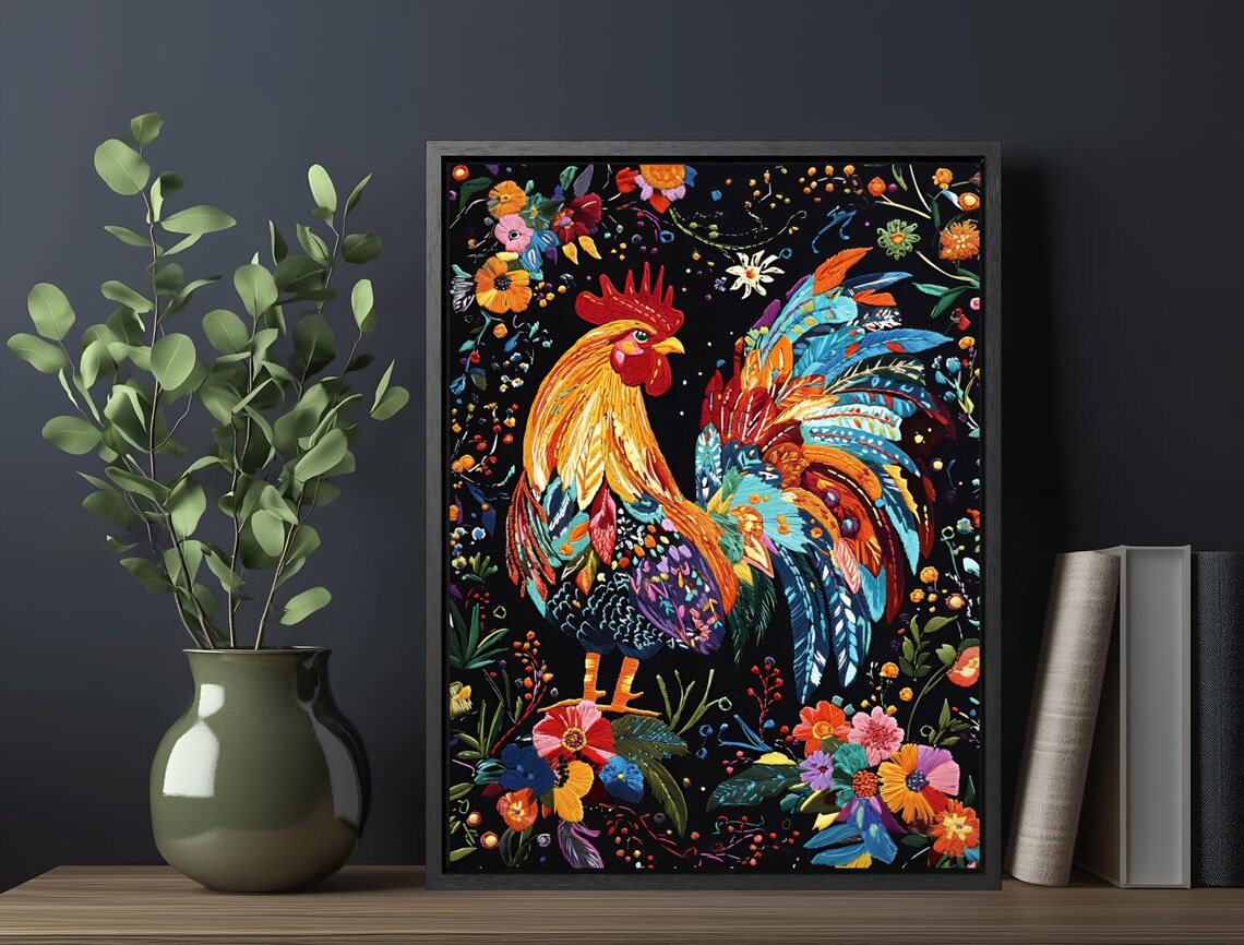 Proud Colorful Rooster Rainbow Tail Feathers Floral Dark Art Print - Image 6