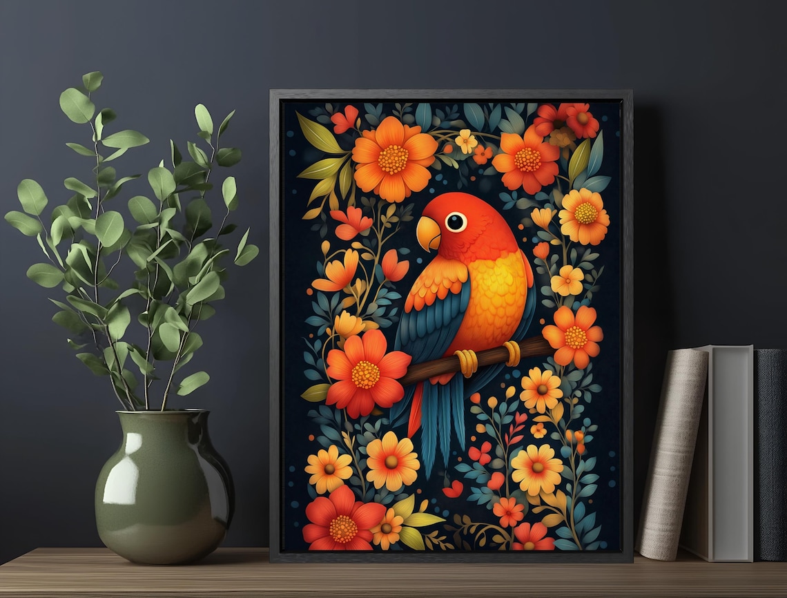 Red Gold Parrot Blue Wings Floral Dark Background Tropical Bird Print - Image 5