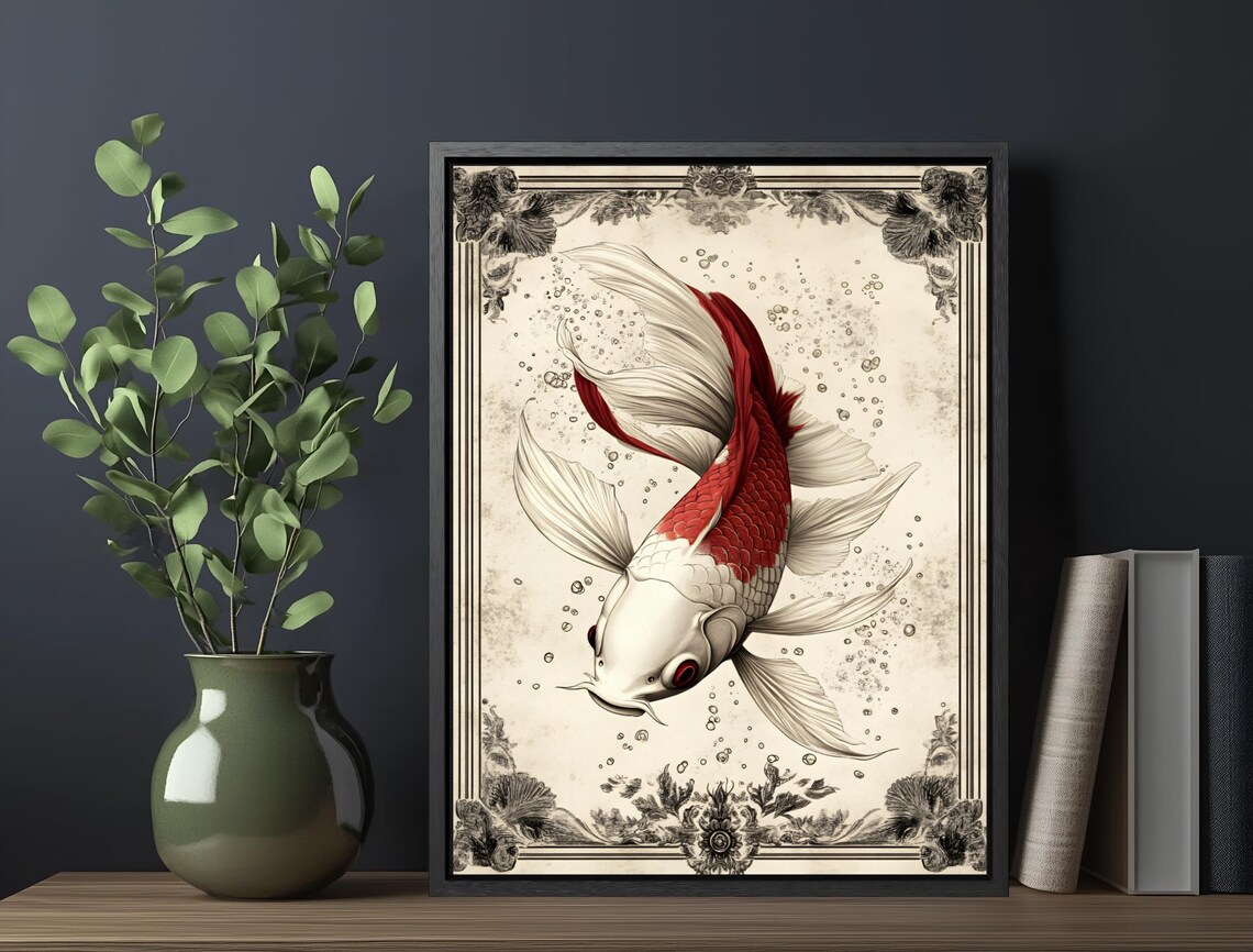 Red White Koi Fish Flowing Fins Vintage Engraved Japanese Art Poster - Image 6