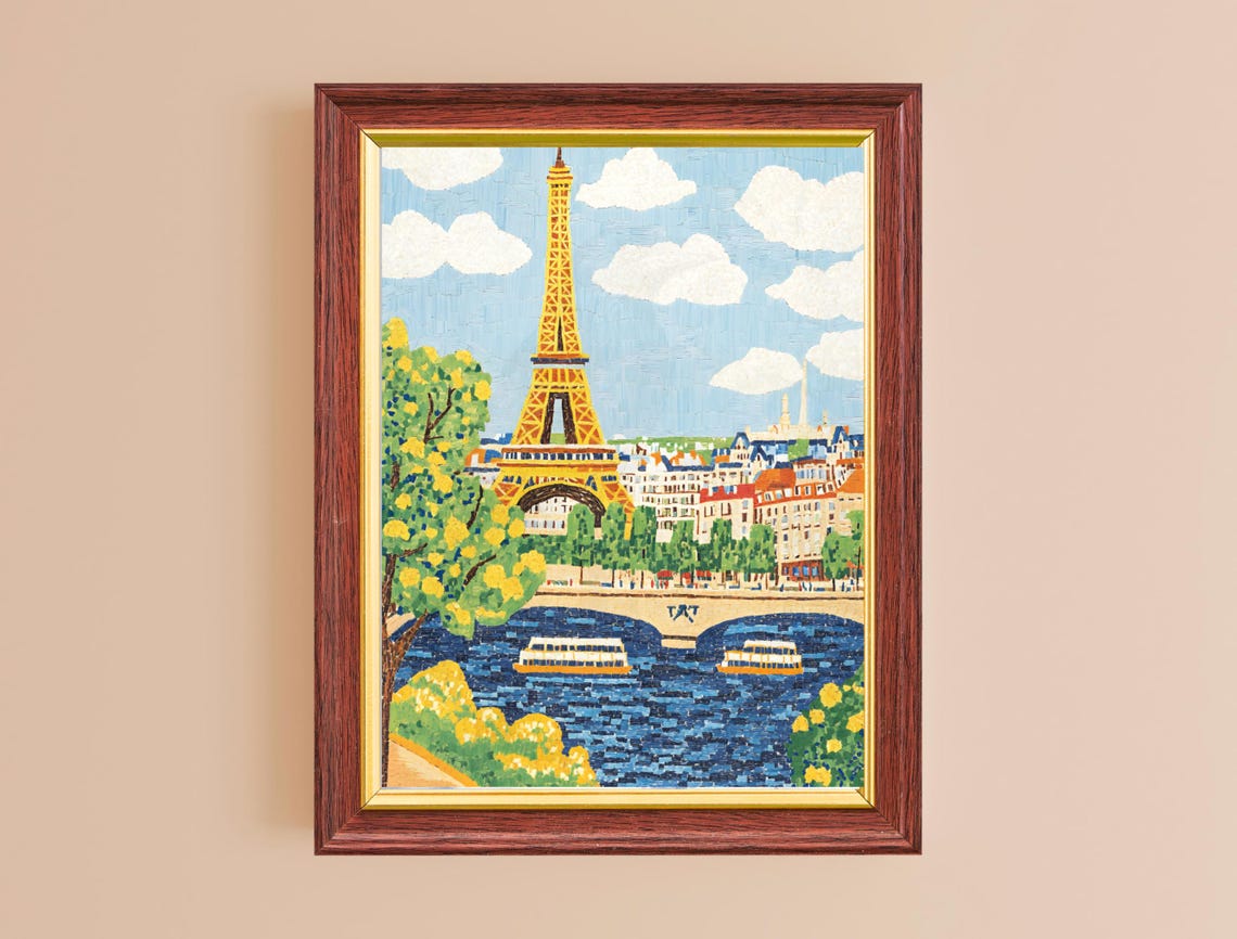 Eiffel Tower Paris Seine Boats Colorful Cityscape Travel Art Poster - Image 2