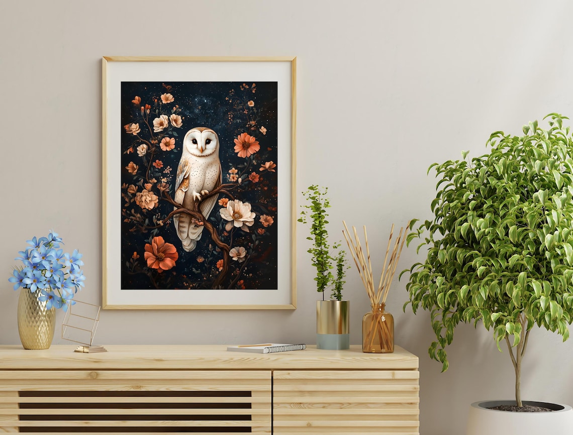 Barn Owl On Branch Starry Night Moody Floral Vintage Dark Art Print - Image 3