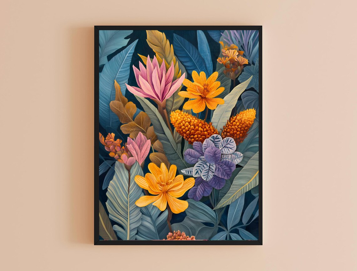 Tropical Floral Pink Lotus Yellow Blooms Blue Leaves Maximalist Print - Image 4