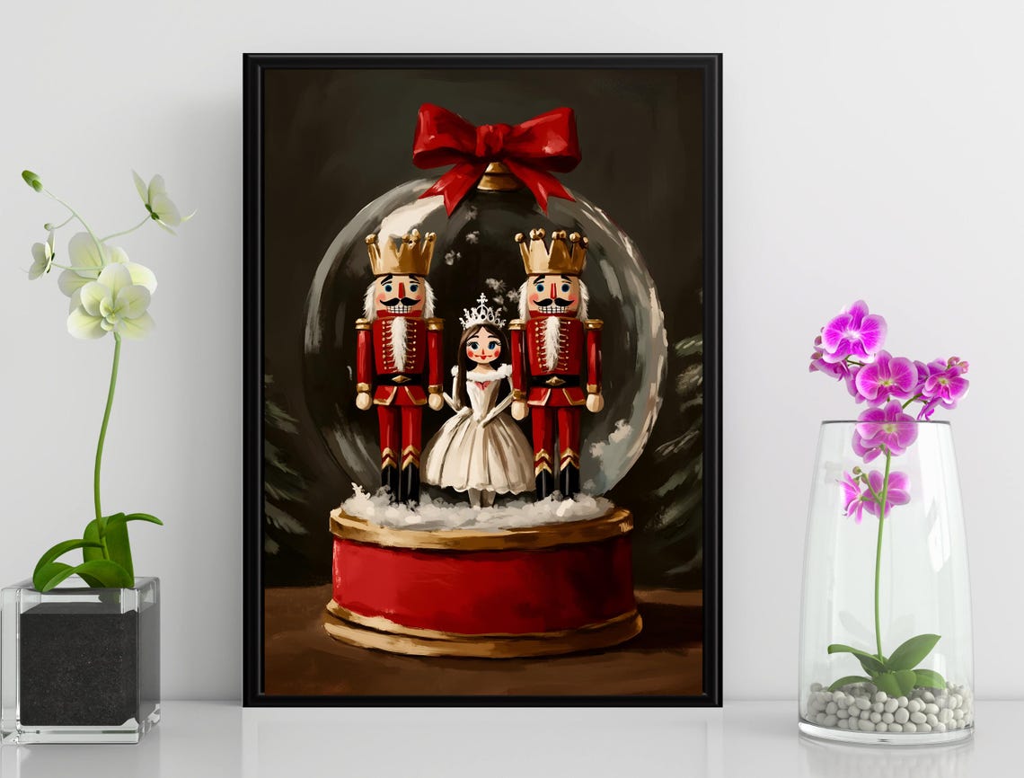 Nutcracker Snow Globe Ballerina Red Bow Vintage Christmas Art Poster - Image 3