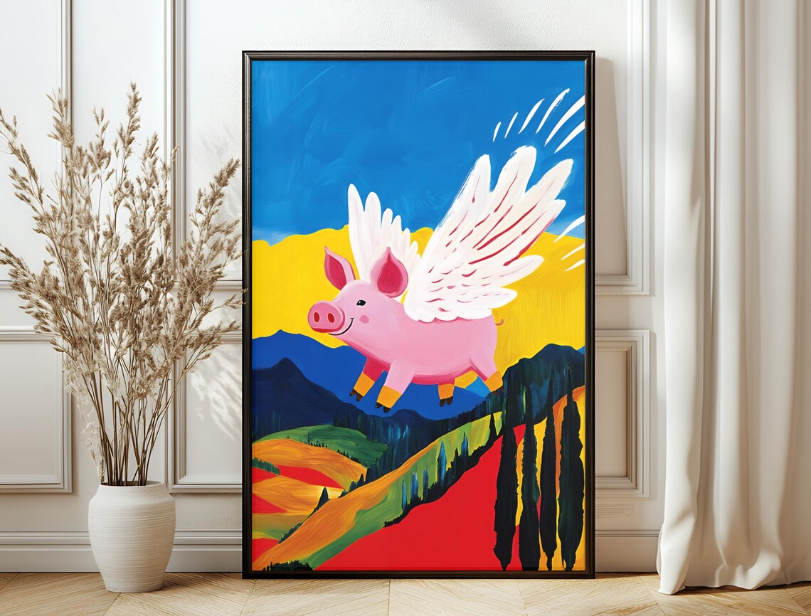 Flying Pig Rainbow Sky Colorful Hills Playful Whimsy Art Poster